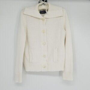 White Cotton Sailor Style Lapel Cardigan - M - w/ front pockets - Vintage, Comfy